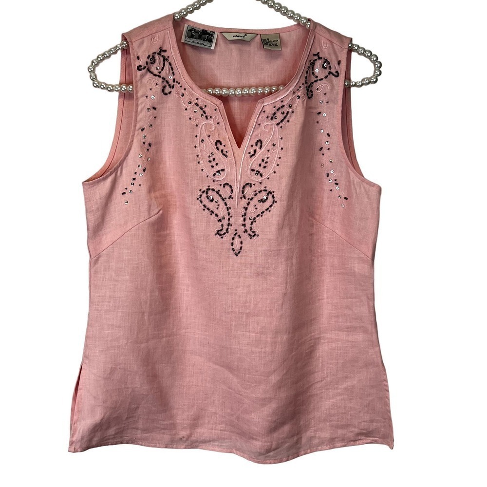 Edward 100% Irish Linen Pink Sleeveless Vneck Top with Beaded‎ Design SZ S